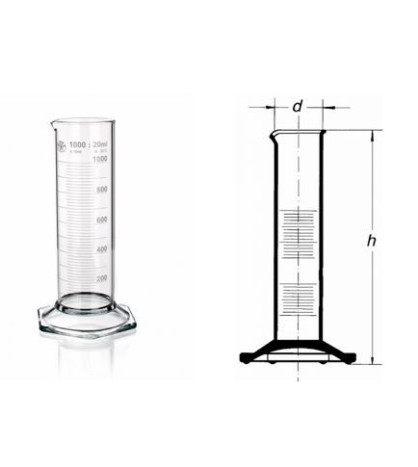 Válec odměrný nízký, s výlevkou, šestihrannou patkou, bílá graduace, třída B 1000ml